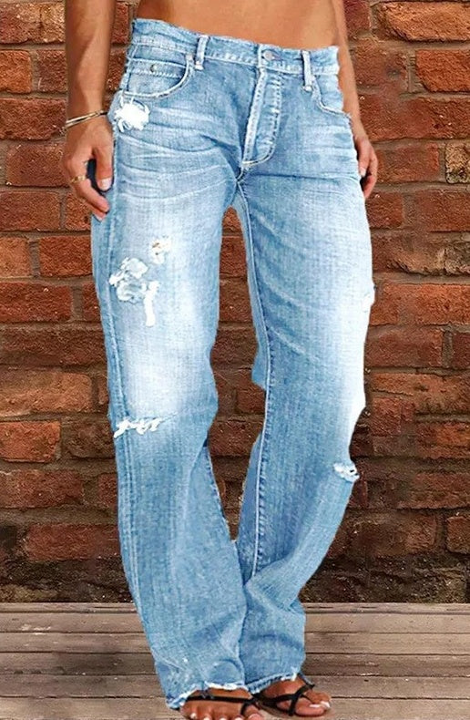 Women Ripped Loose Denim Trousers