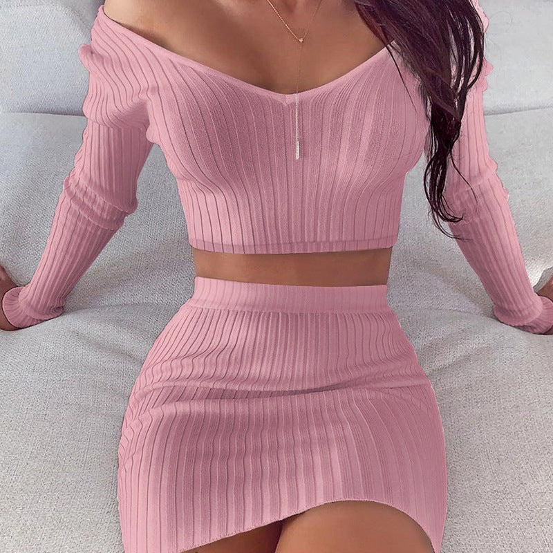 Women’s Lady Like Long Sleeve Solid Color Skirt Set