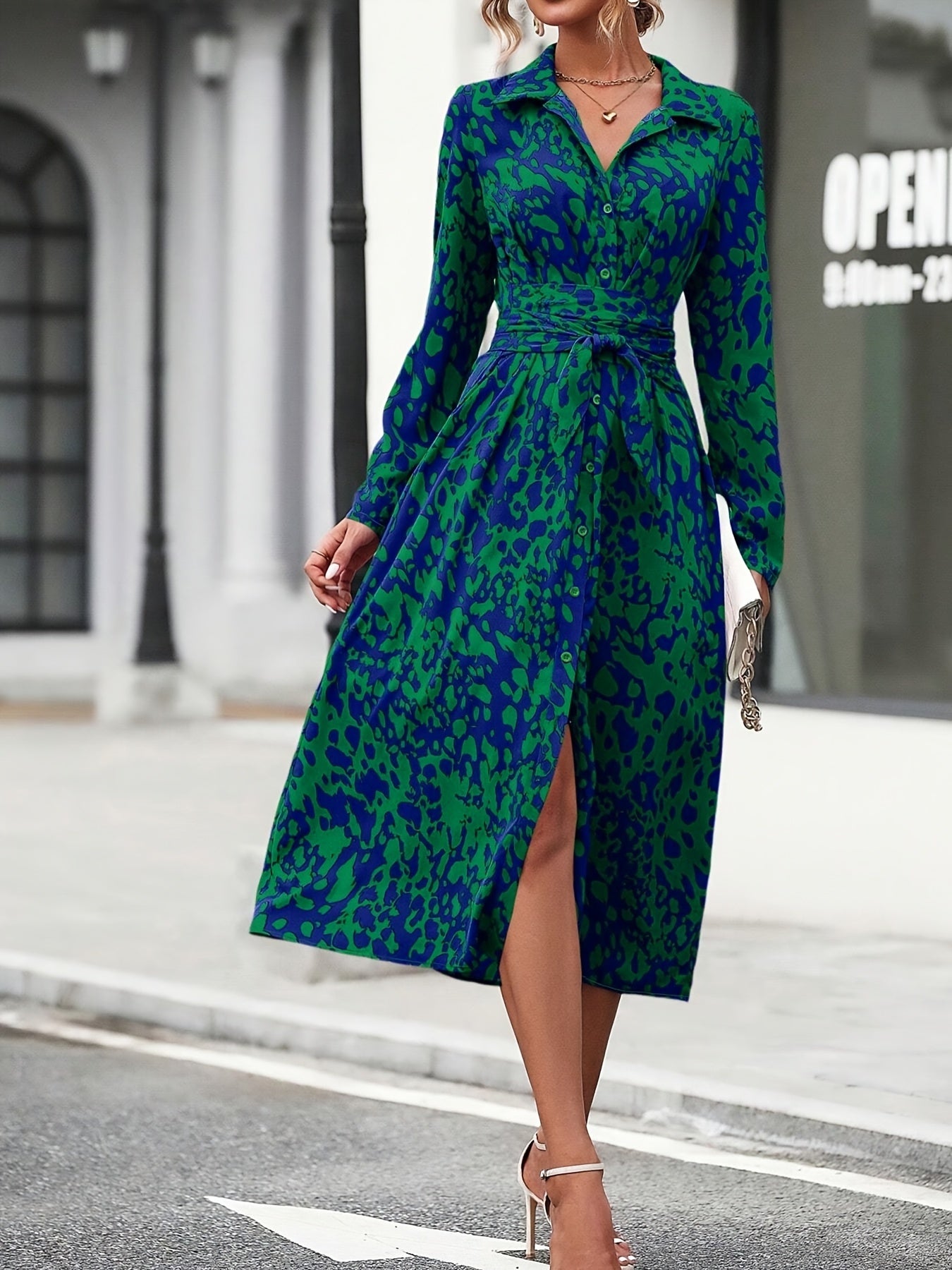 Women's All-Over Leopard Print Belted Casual Maxi Dress