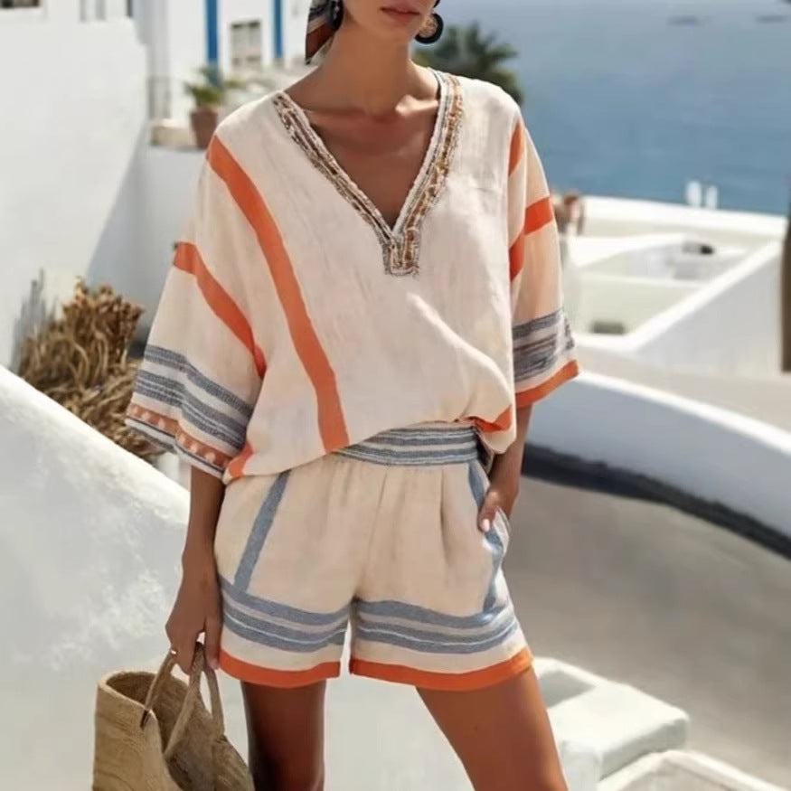 Women Vacation Linen Shorts Set