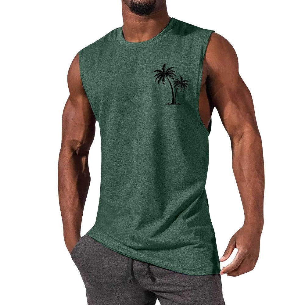 Men Coconut Tree Embroidery Summer Beach Muscle Tank