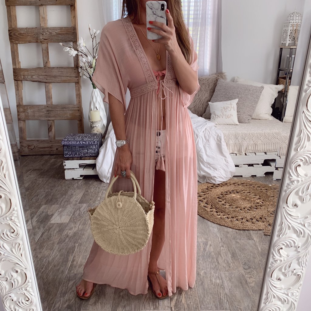 Women Lace cardigan solid Maxi dress