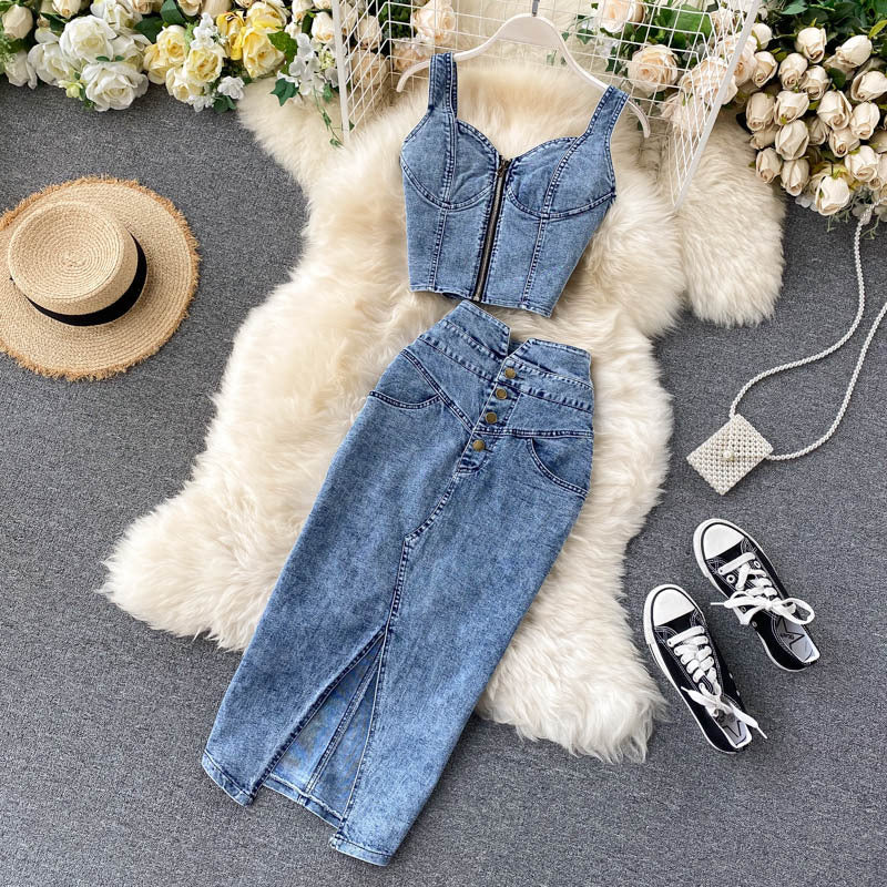 Women Camisole high waist denim skirt