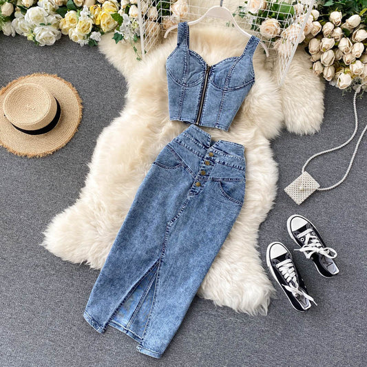 Women Camisole high waist denim skirt