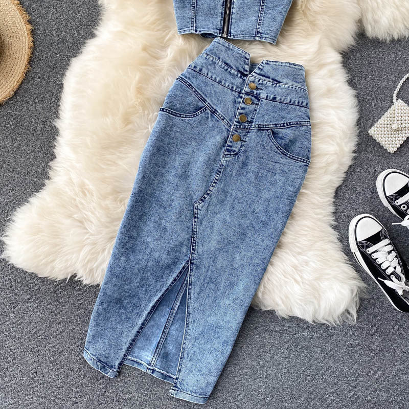 Women Camisole high waist denim skirt