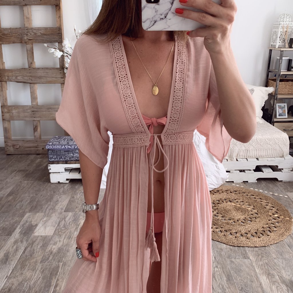 Women Lace cardigan solid Maxi dress