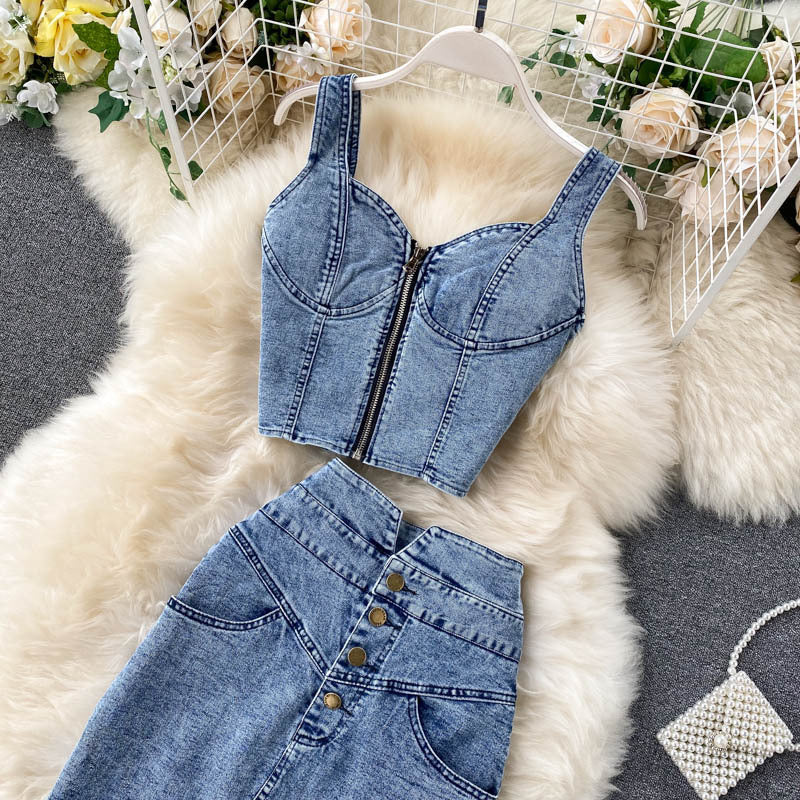 Women Camisole high waist denim skirt