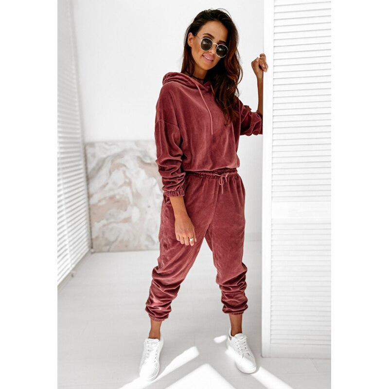 Women Comfort Velvet Hooded Casual Suit