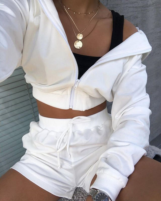 Women Hooded Zipper Loose Sports Lounge Shorts Set