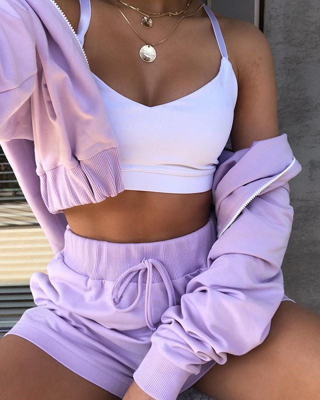 Women Hooded Zipper Loose Sports Lounge Shorts Set