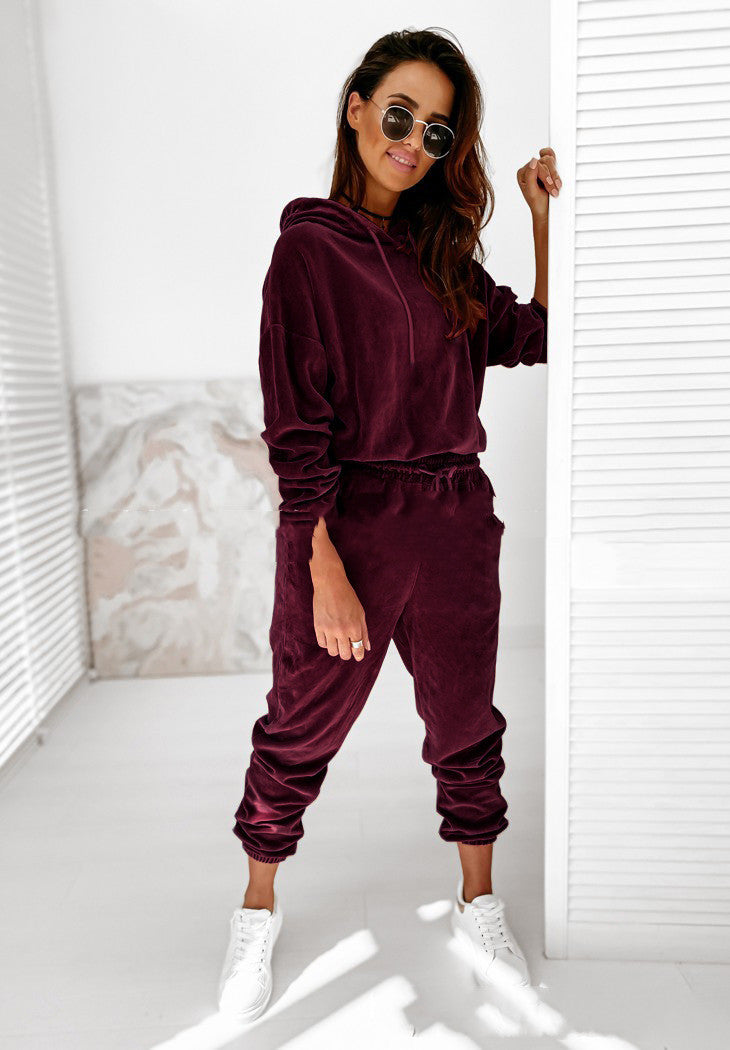 Women Comfort Velvet Hooded Casual Suit
