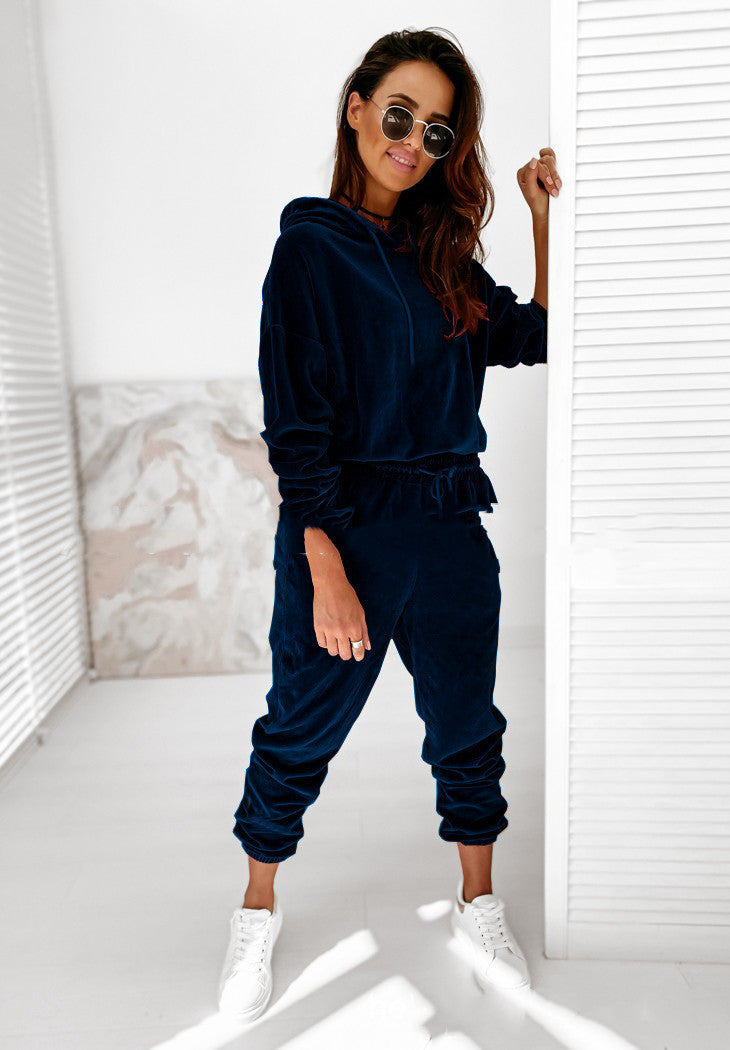 Women Comfort Velvet Hooded Casual Suit