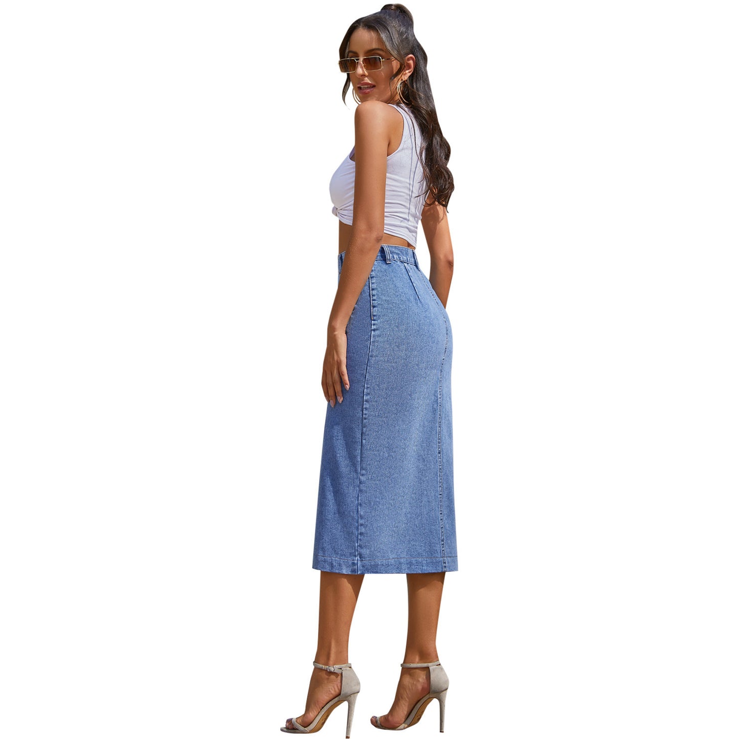 Women Cute As A Button Irregular Slit Denim High Waist Skirt