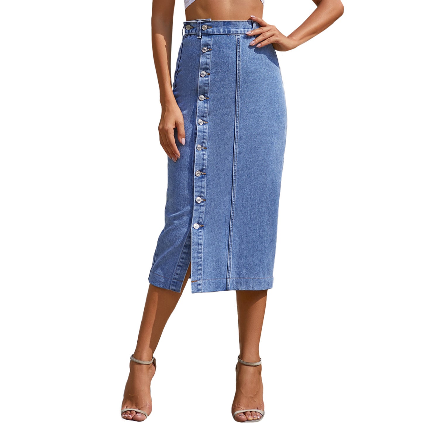 Women Cute As A Button Irregular Slit Denim High Waist Skirt