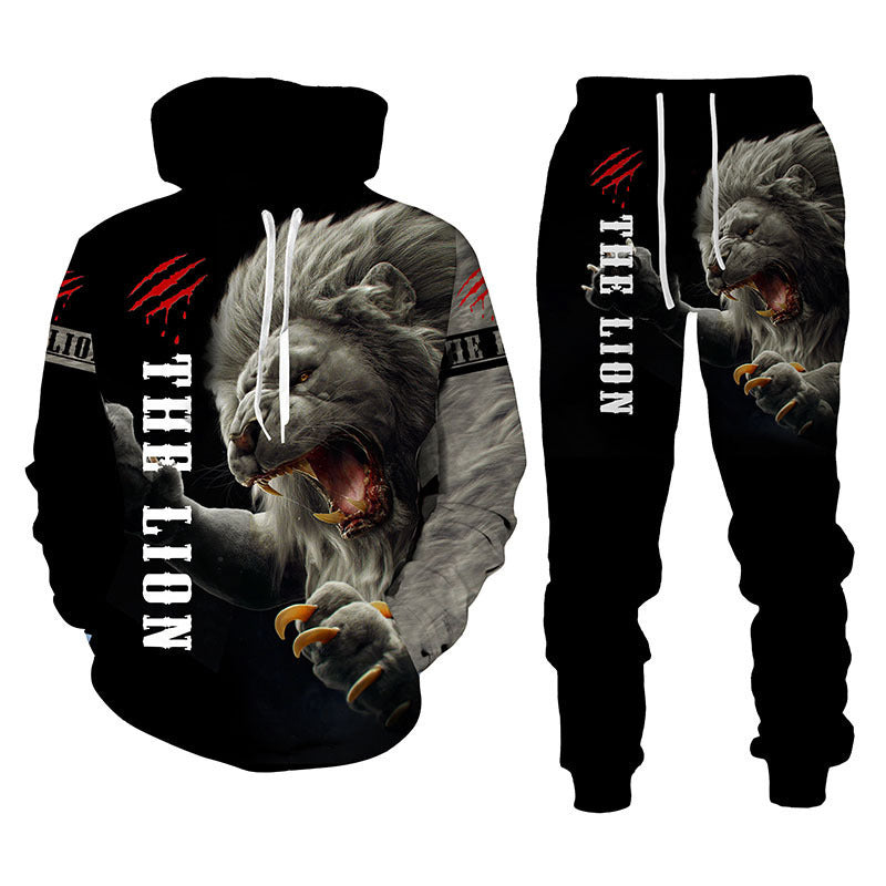 Men Lion Print Hooded Sweatshirt Set