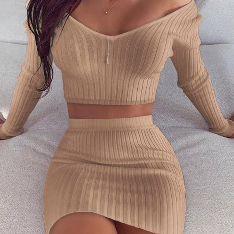 Women’s Lady Like Long Sleeve Solid Color Skirt Set