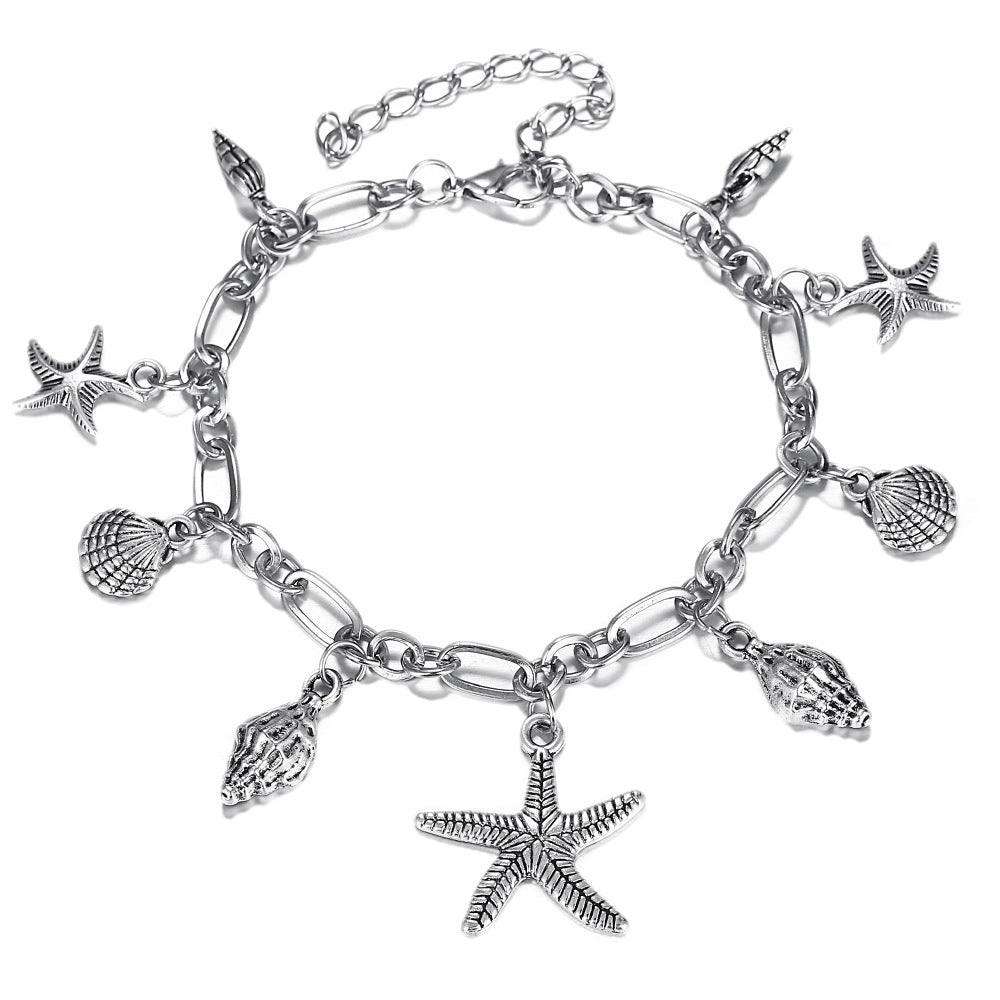 Women Glossy Ancient Ocean Starfish Conch Pendant Anklet