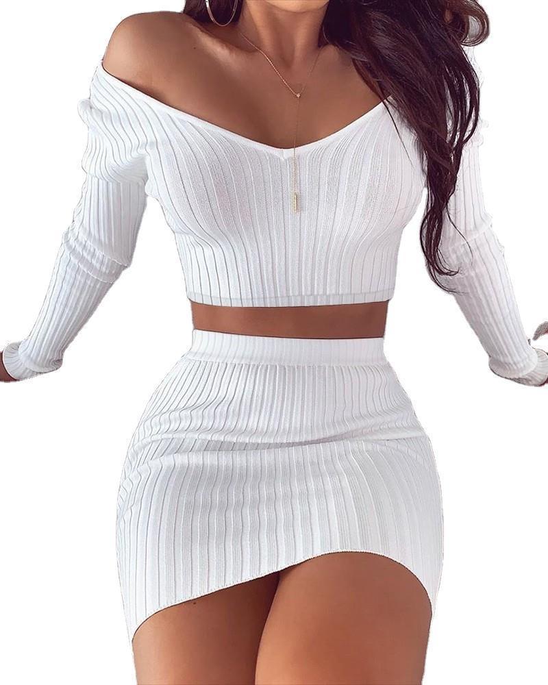 Women’s Lady Like Long Sleeve Solid Color Skirt Set