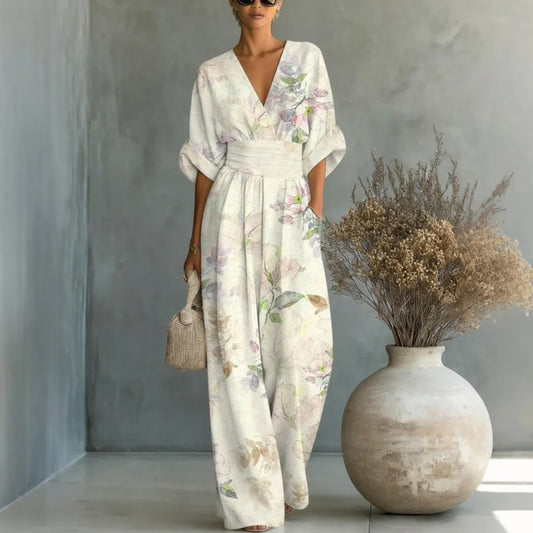 Women Waist-cinched Printed Jumpsuit