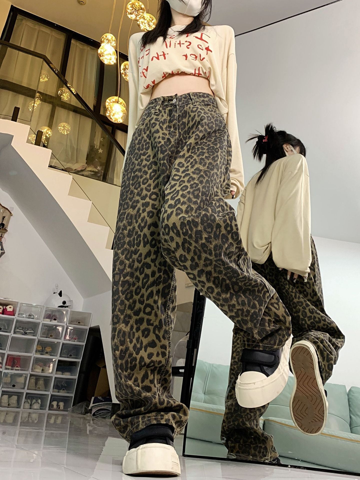 Women's Autumn Leopard American Retro Loose Trousers