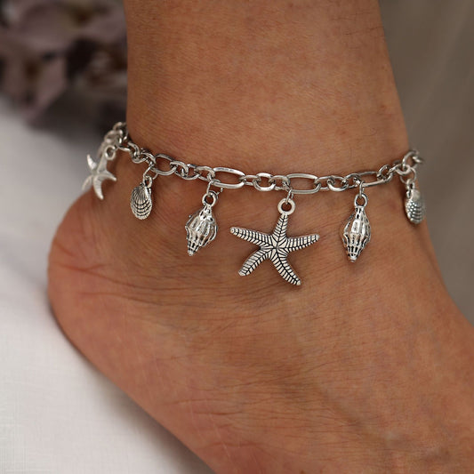 Women Glossy Ancient Ocean Starfish Conch Pendant Anklet