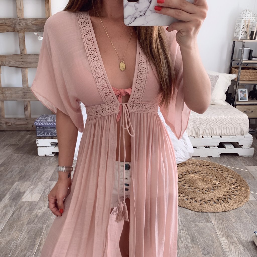 Women Lace cardigan solid Maxi dress