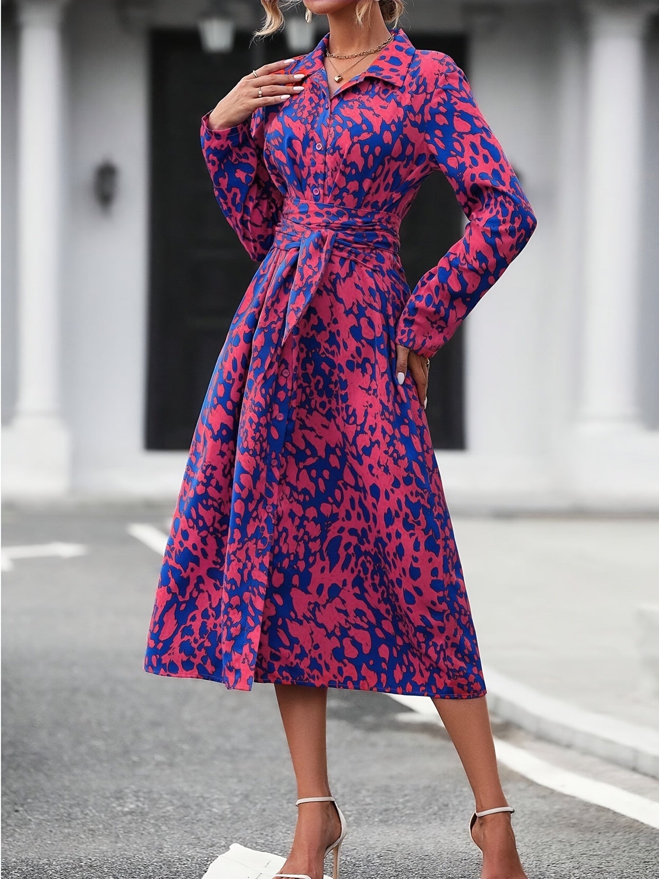 Women's All-Over Leopard Print Belted Casual Maxi Dress