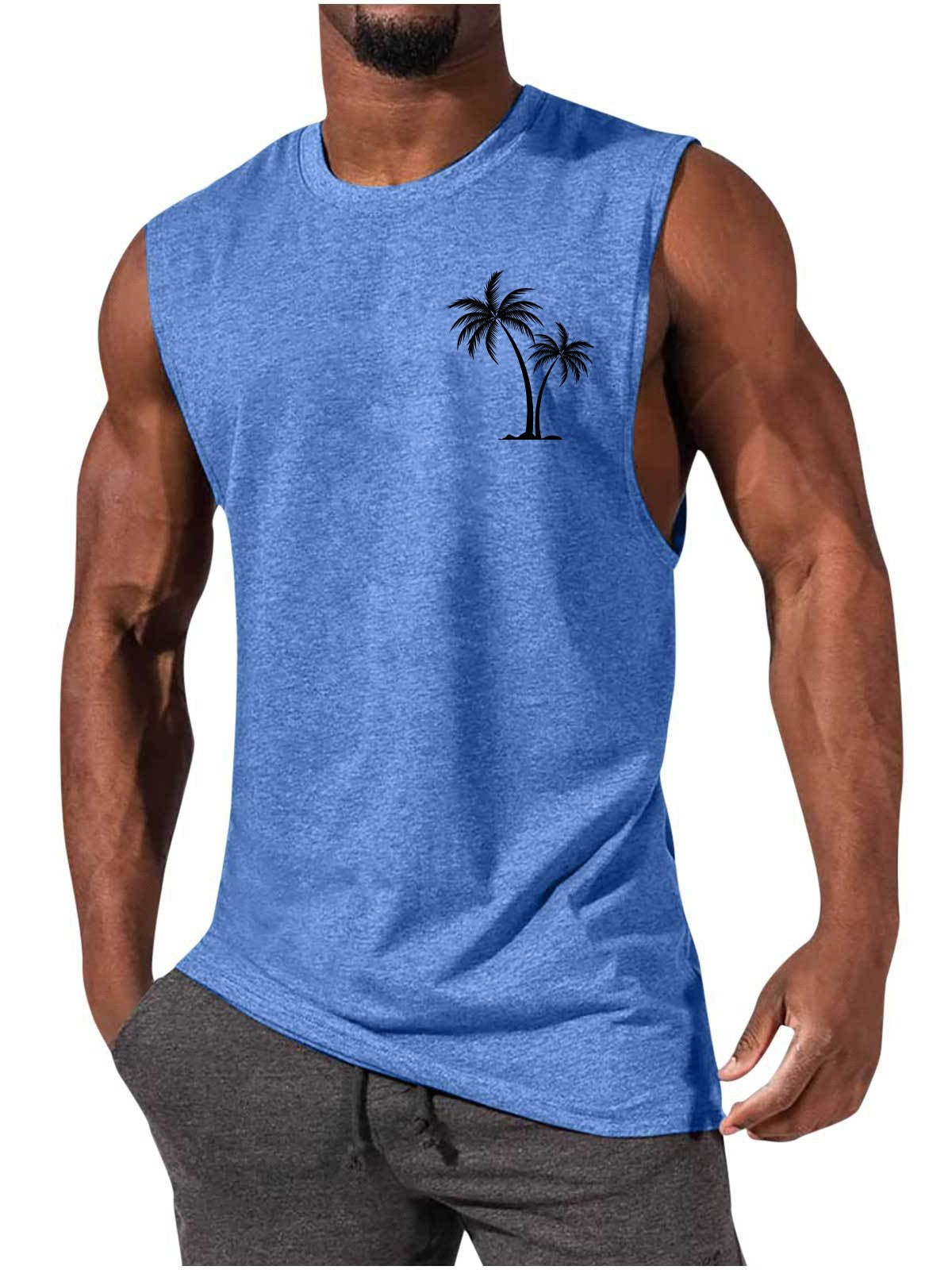 Men Coconut Tree Embroidery Summer Beach Muscle Tank