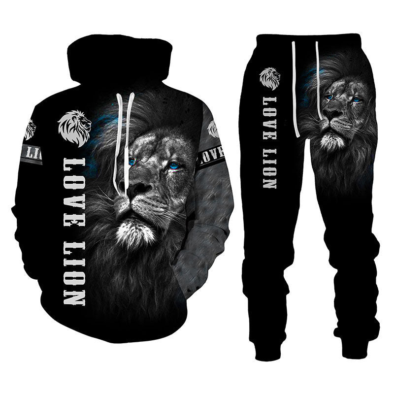Men Lion Print Hooded Sweatshirt Set