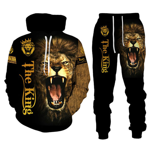 Men Lion Print Hooded Sweatshirt Set