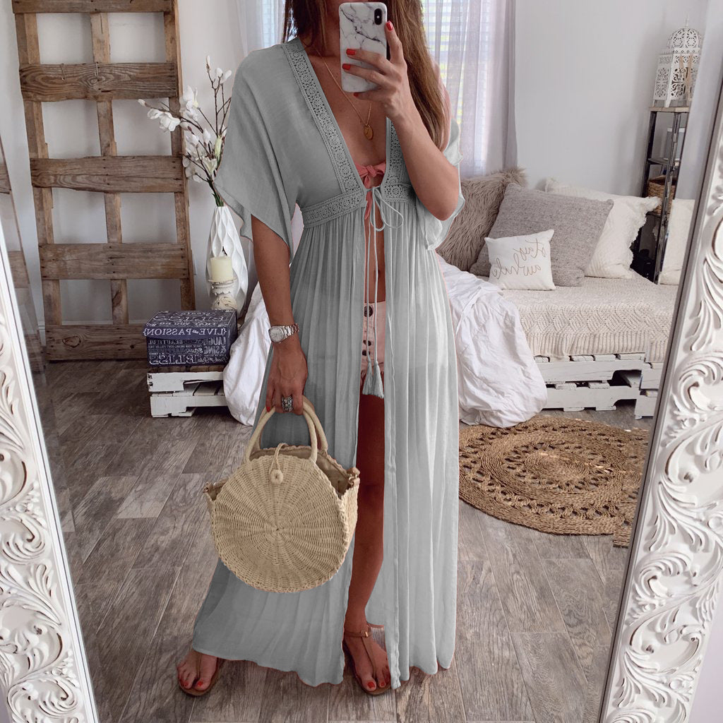Women Lace cardigan solid Maxi dress