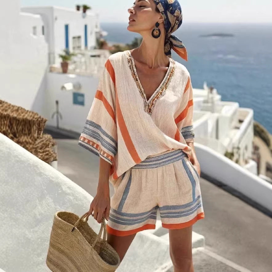 Women Vacation Linen Shorts Set