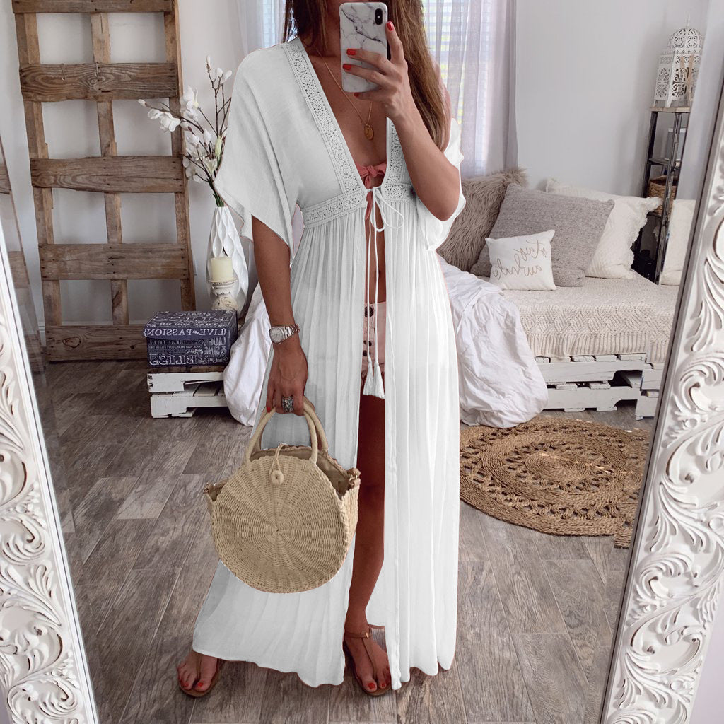 Women Lace cardigan solid Maxi dress