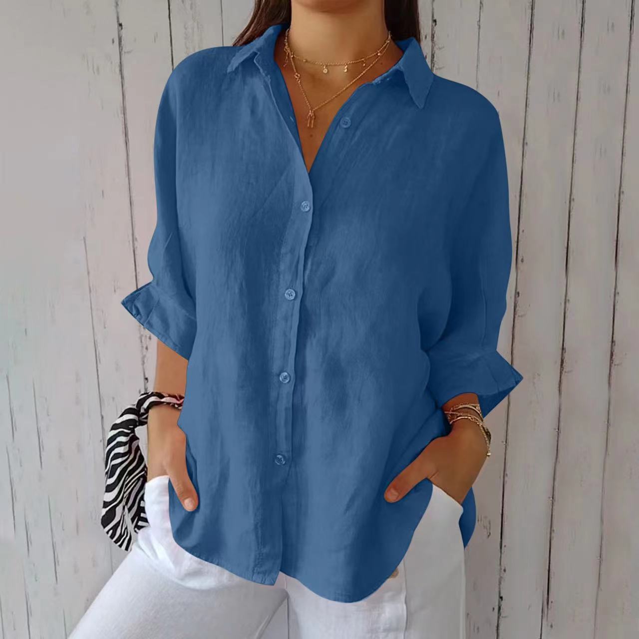 Women's Lapel Long Sleeve Pleated Shirt
