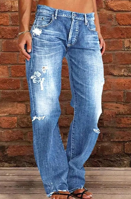 Women Ripped Loose Denim Trousers