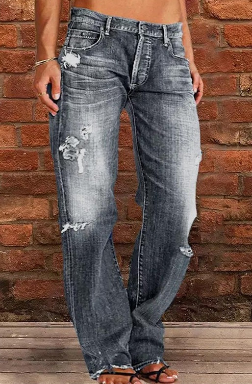 Women Ripped Loose Denim Trousers