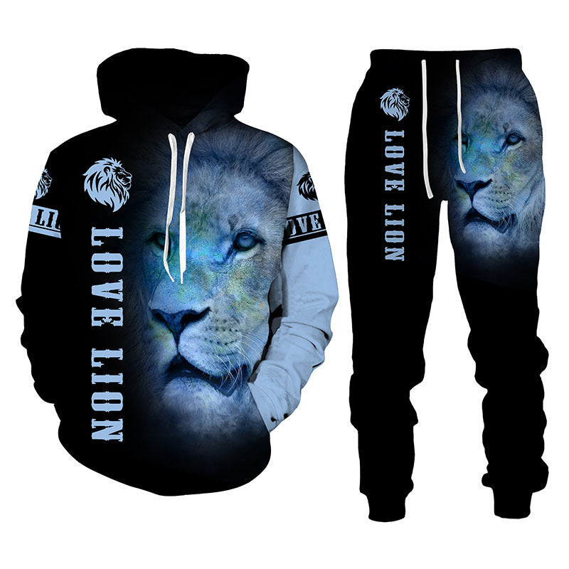 Men Lion Print Hooded Sweatshirt Set