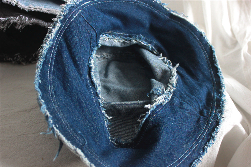 Women Summer Sunshade Raw Edge Denim Bucket Hat