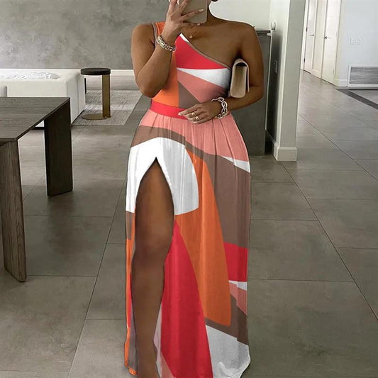 Women Colorblock Shoulder Maxi Dress