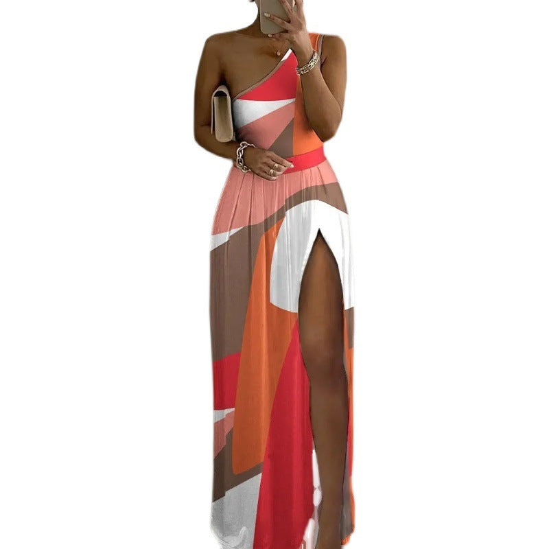 Women Colorblock Shoulder Maxi Dress