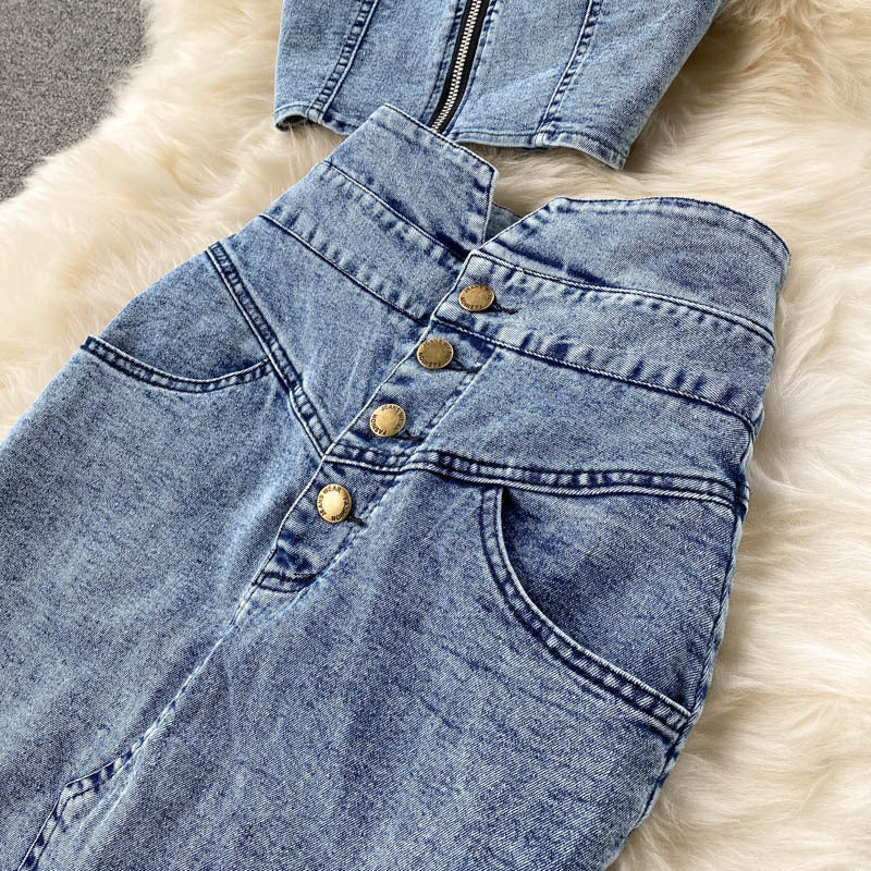 Women Camisole high waist denim skirt