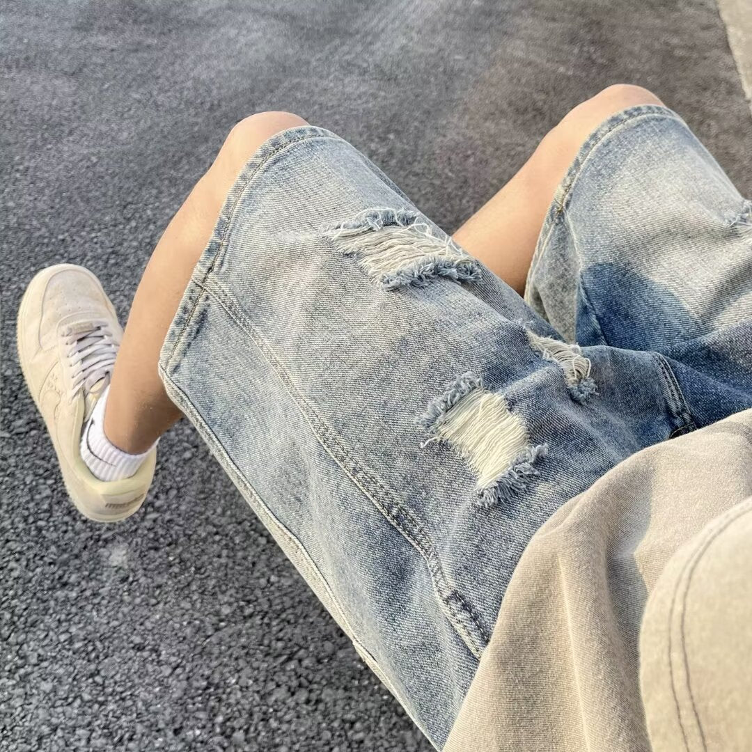Men American-style Retro Tattered Denim Jeans