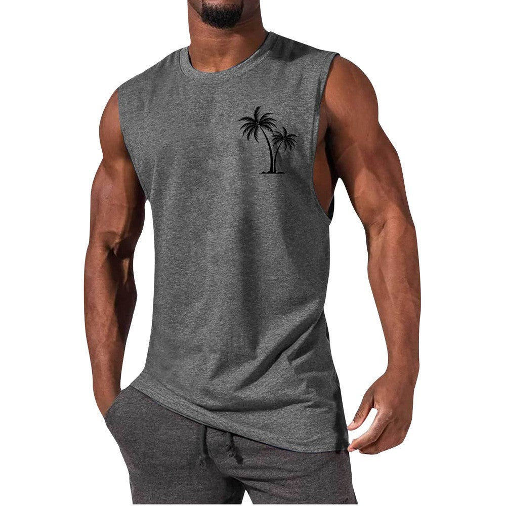Men Coconut Tree Embroidery Summer Beach Muscle Tank