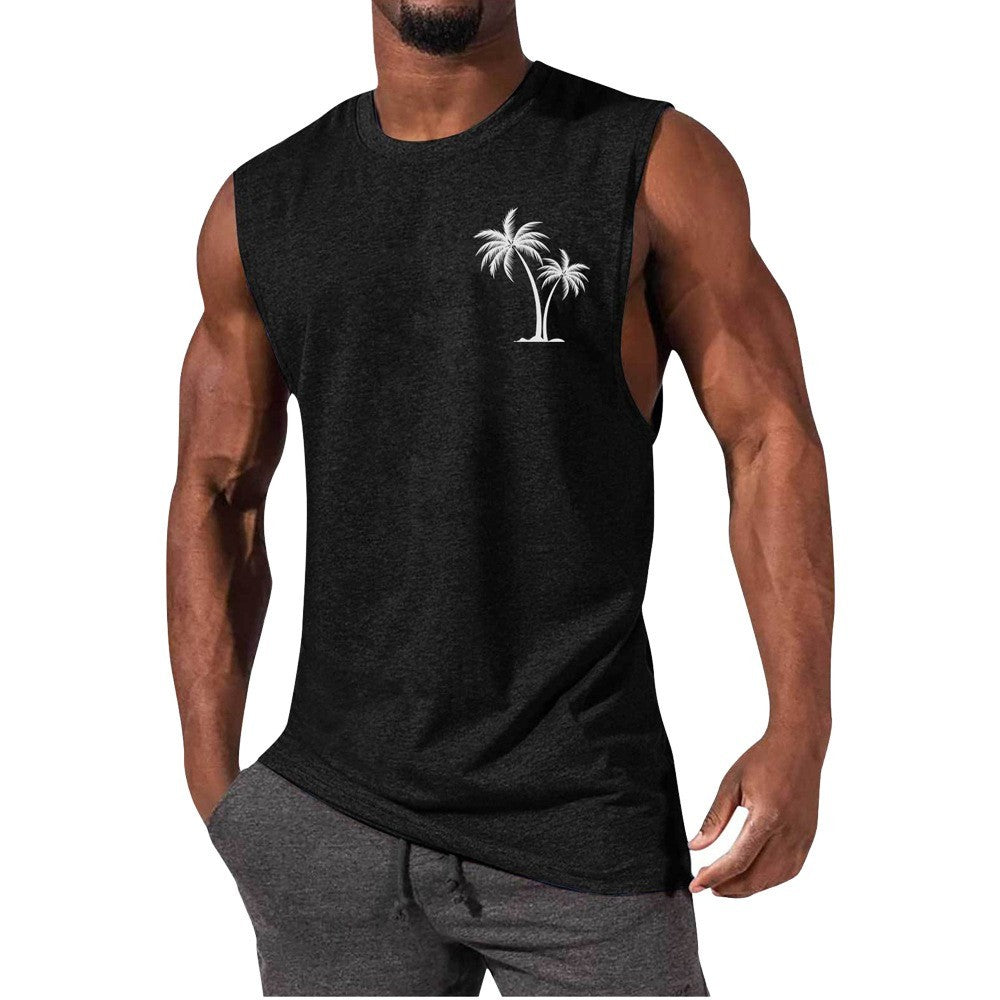 Men Coconut Tree Embroidery Summer Beach Muscle Tank