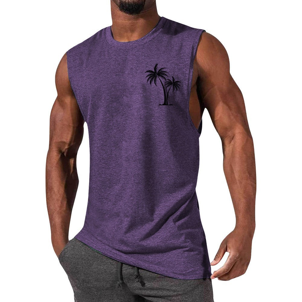 Men Coconut Tree Embroidery Summer Beach Muscle Tank