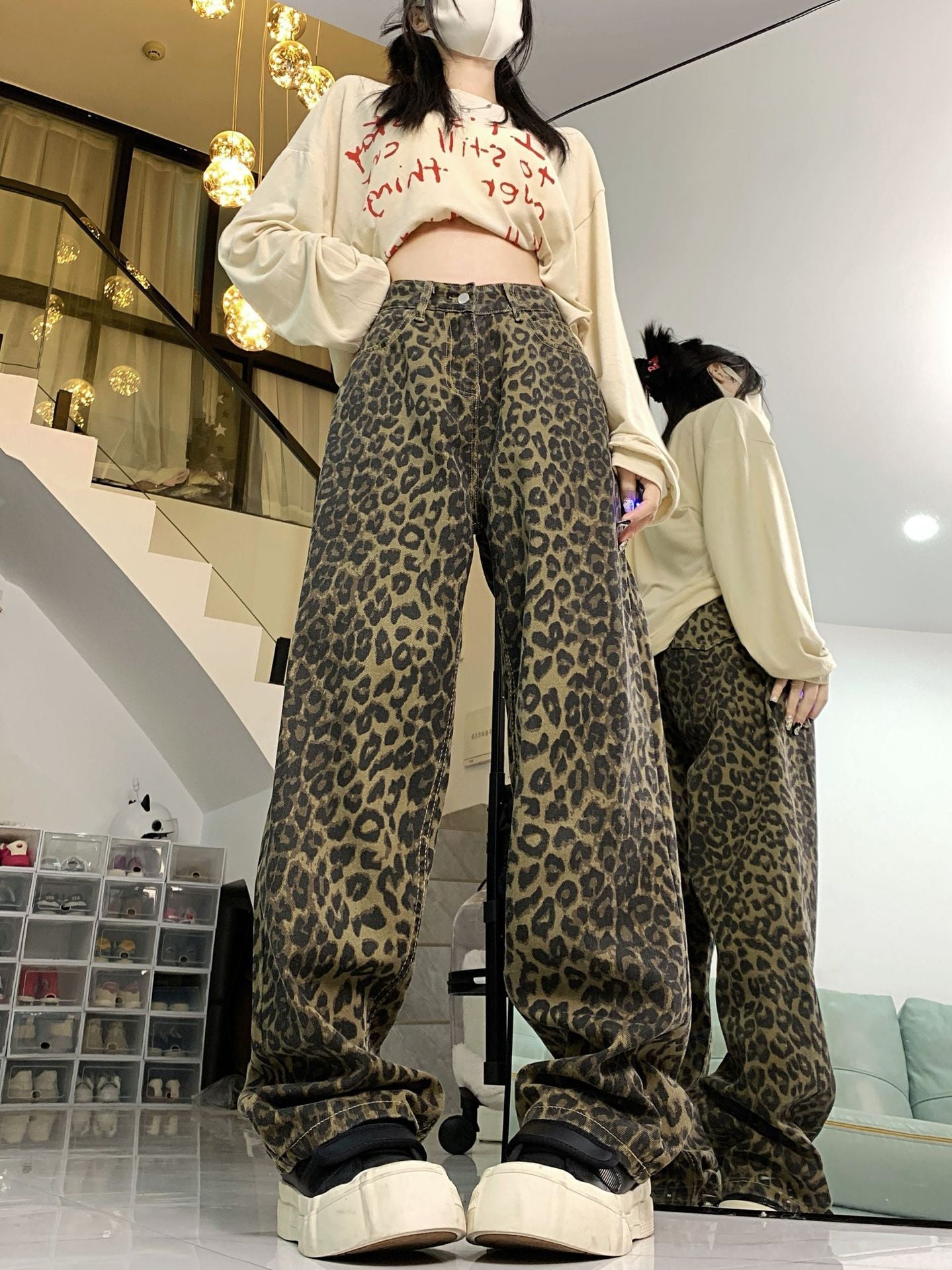 Women's Autumn Leopard American Retro Loose Trousers