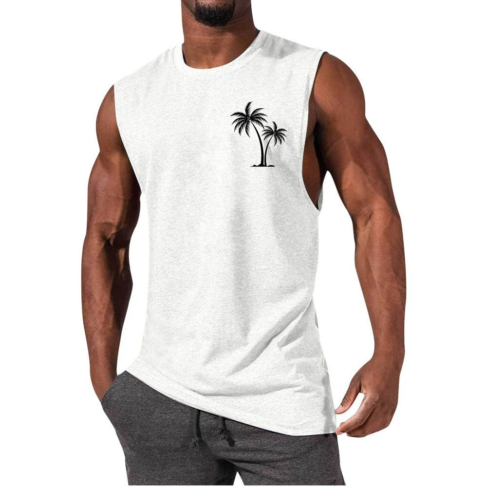 Men Coconut Tree Embroidery Summer Beach Muscle Tank