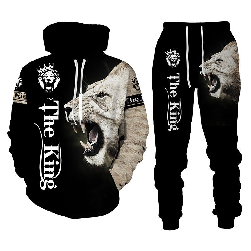 Men Lion Print Hooded Sweatshirt Set