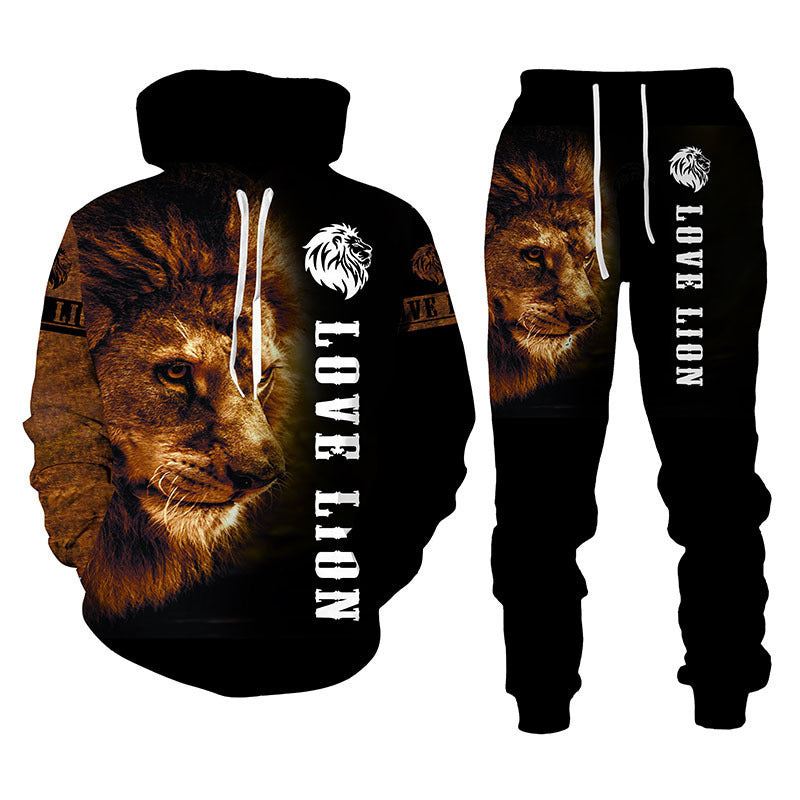 Men Lion Print Hooded Sweatshirt Set