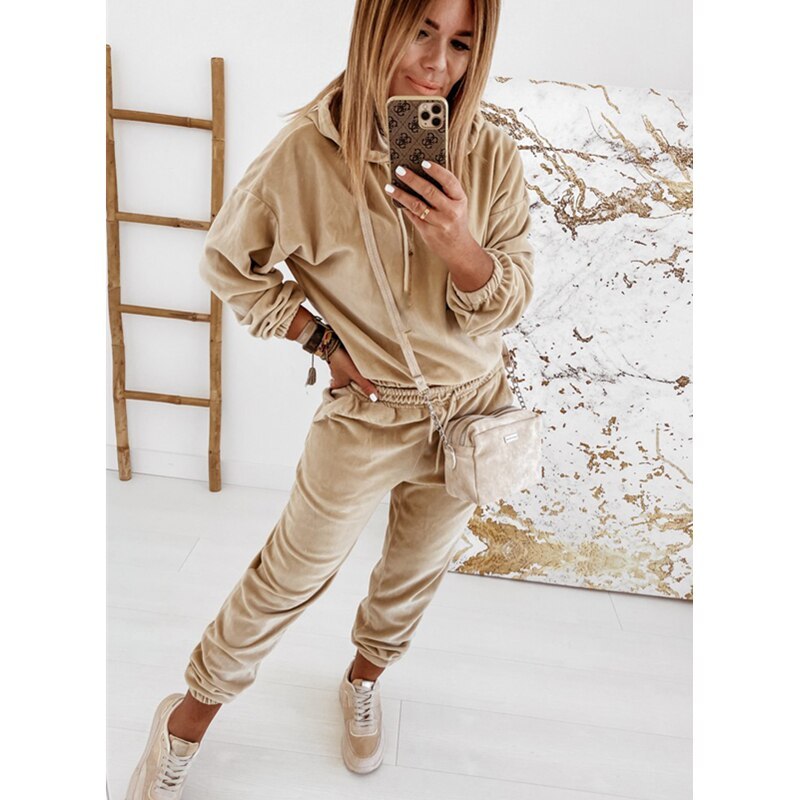 Women Comfort Velvet Hooded Casual Suit